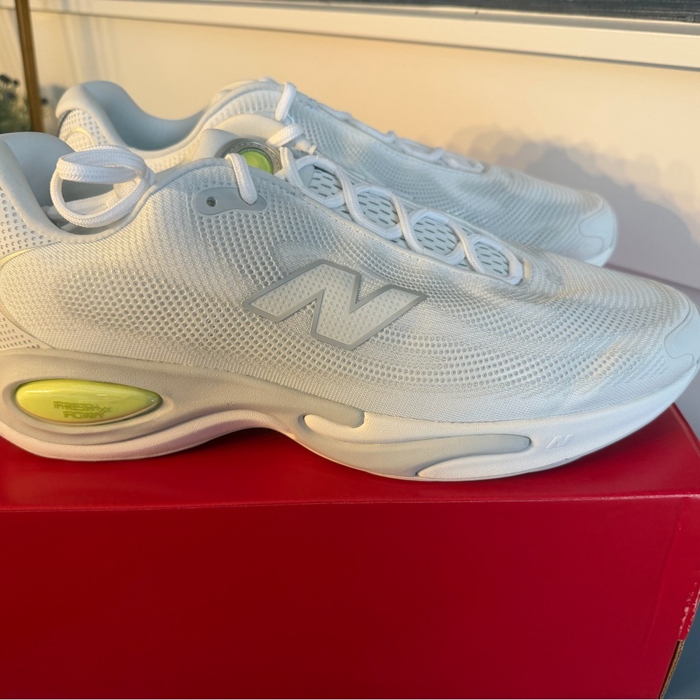 New Balance White Athletic Sneakers with Lime Accent